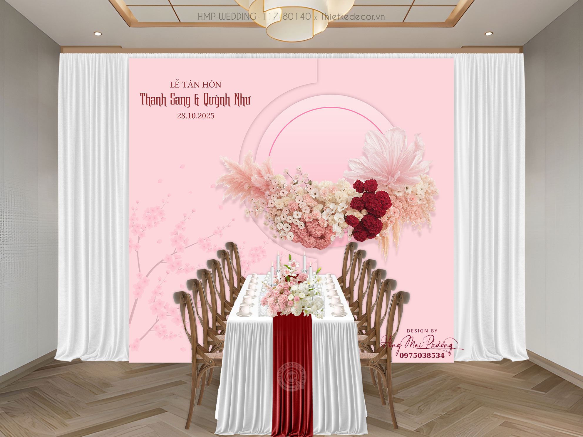 File thiết kế Gia tiên, trang trí tiệc cưới tone hồng họa tiết cành hoa